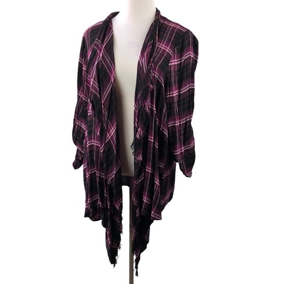 Lane Bryant Tops - Lane Bryant Roll-Tab Plaid Overpiece Fringe Open Drape Top H11459